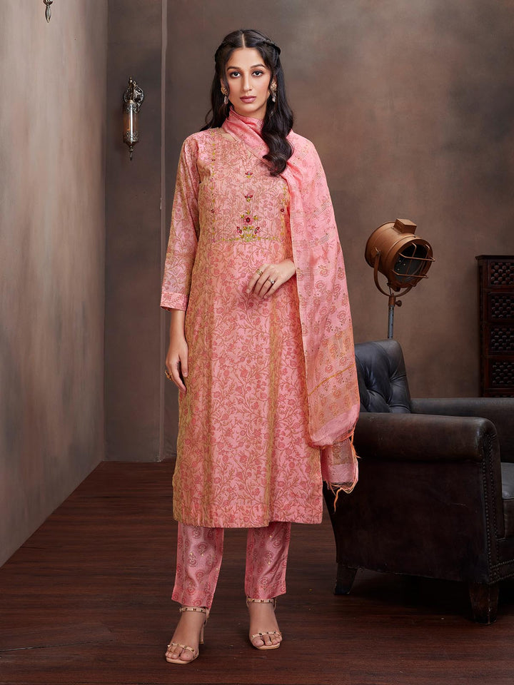 Pink Chanderi Foil Print Suit Set