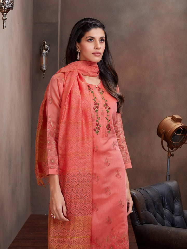 Peach Chanderi Foil Print Suit Set