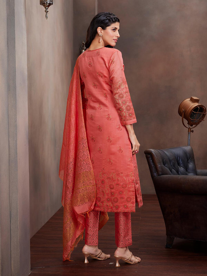 Peach Chanderi Foil Print Suit Set