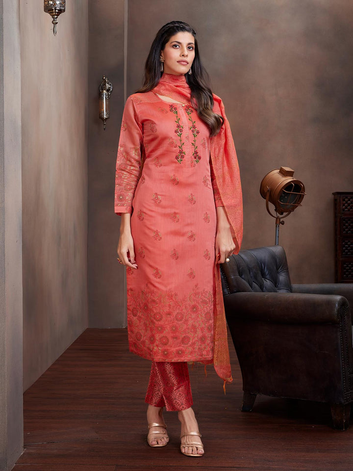 Peach Chanderi Foil Print Suit Set