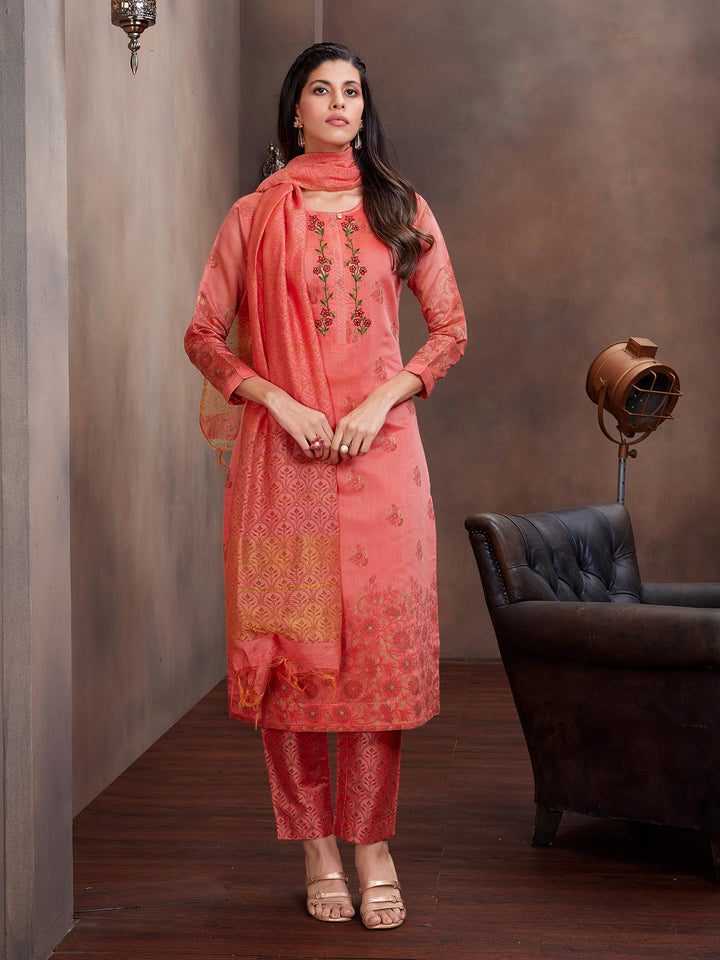 Peach Chanderi Foil Print Suit Set