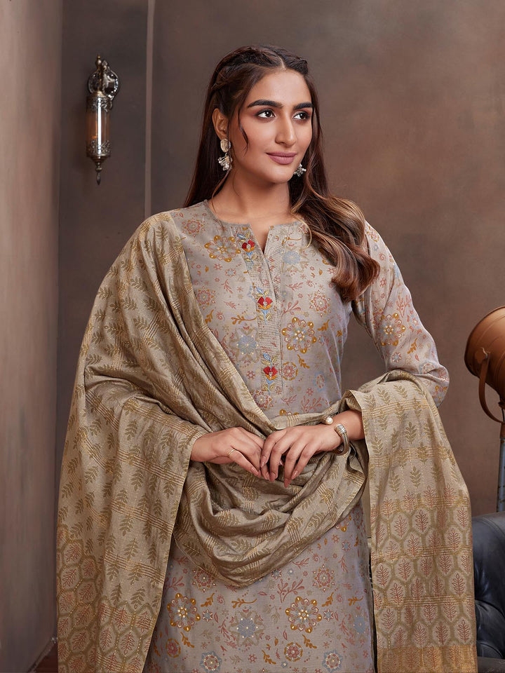 Grey Chanderi Foil Print Suit Set