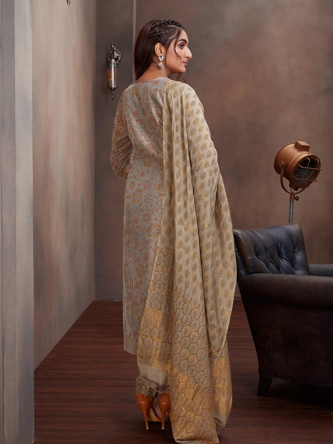 Grey Chanderi Foil Print Suit Set