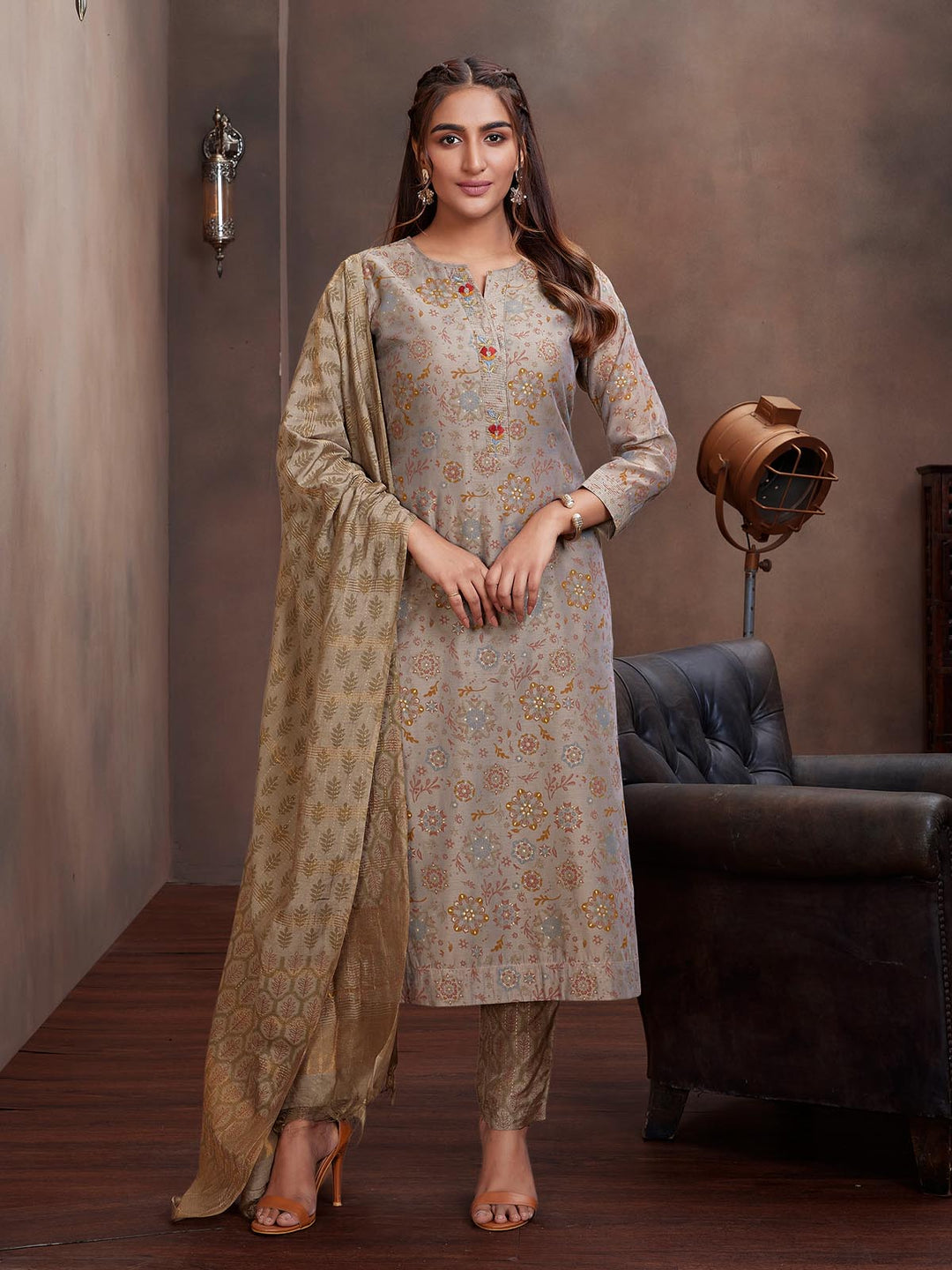 Grey Chanderi Foil Print Suit Set