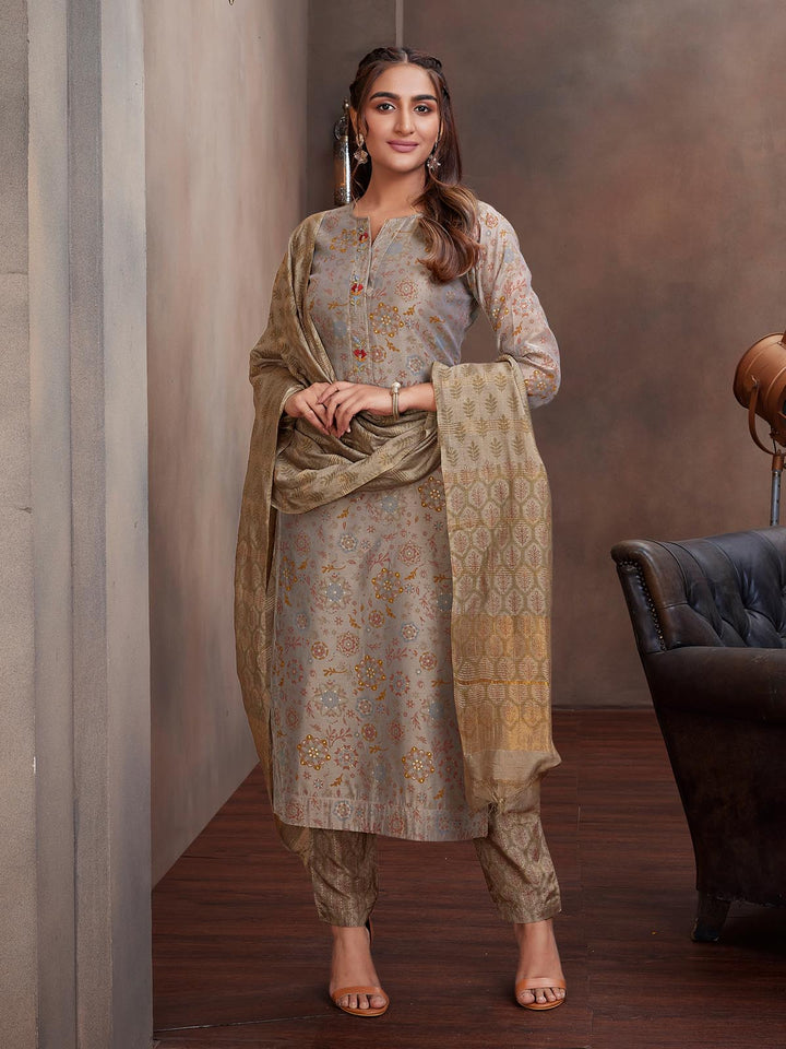 Grey Chanderi Foil Print Suit Set