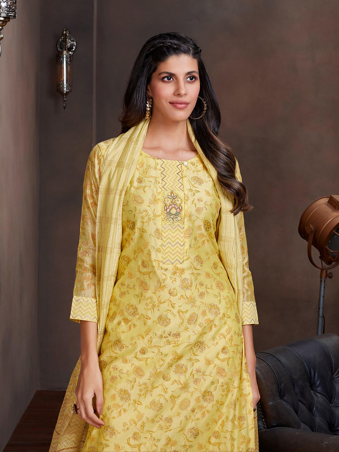 Yellow Chanderi Foil Print Suit Set