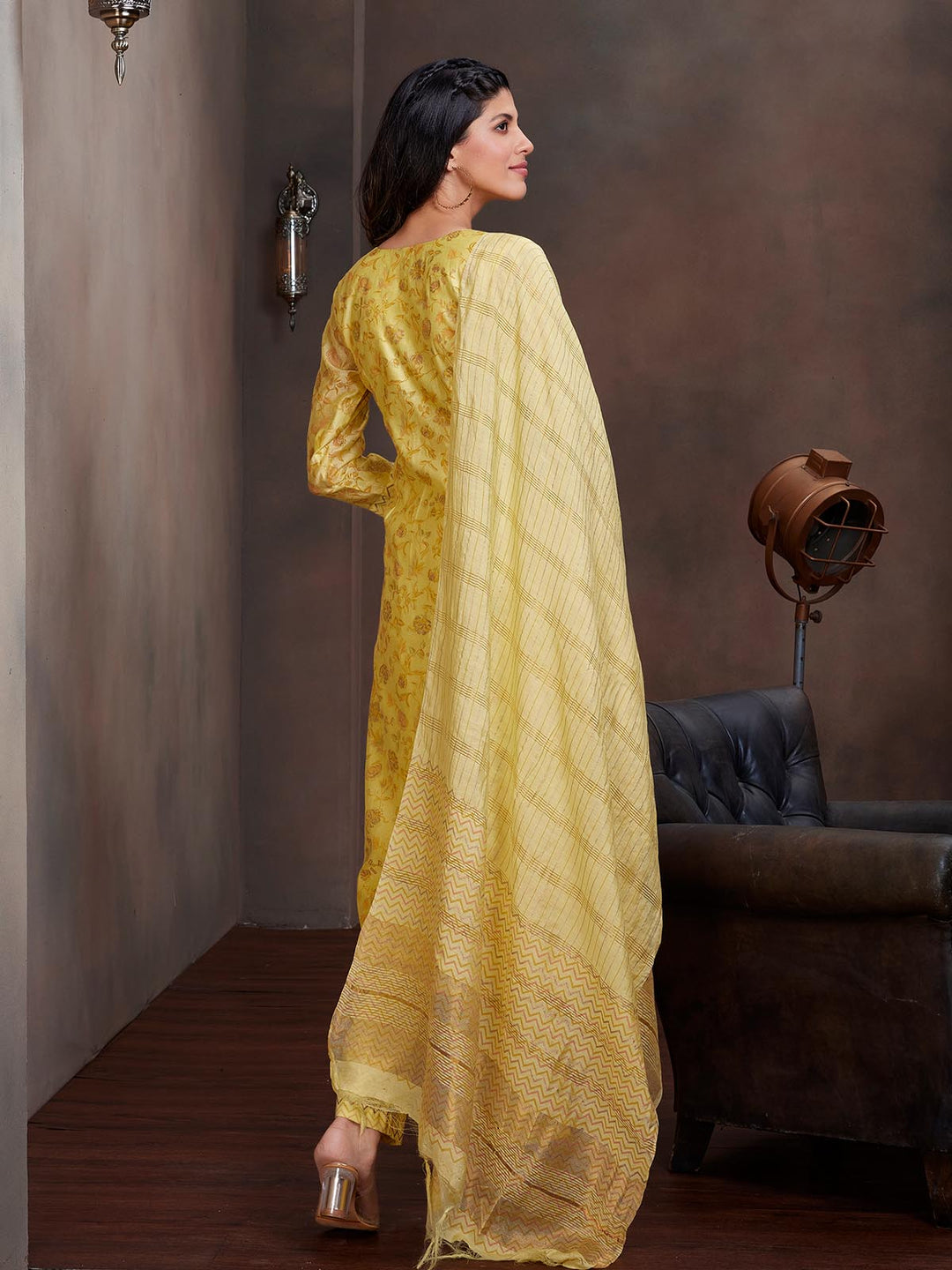 Yellow Chanderi Foil Print Suit Set