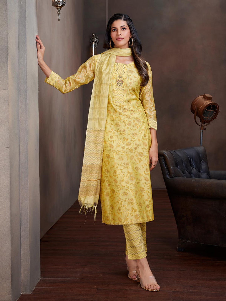 Yellow Chanderi Foil Print Suit Set