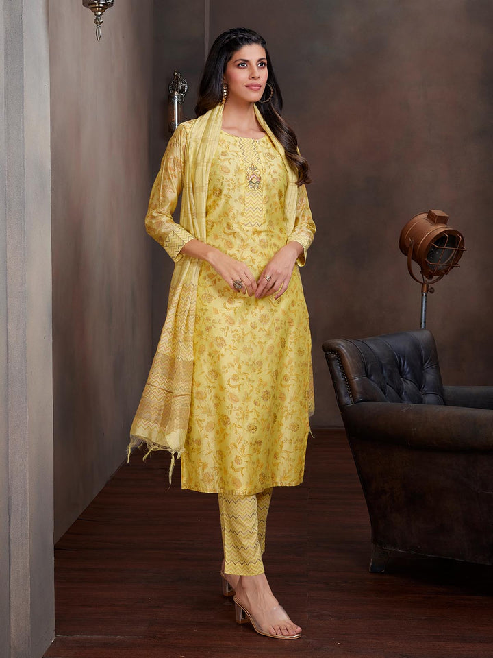 Yellow Chanderi Foil Print Suit Set