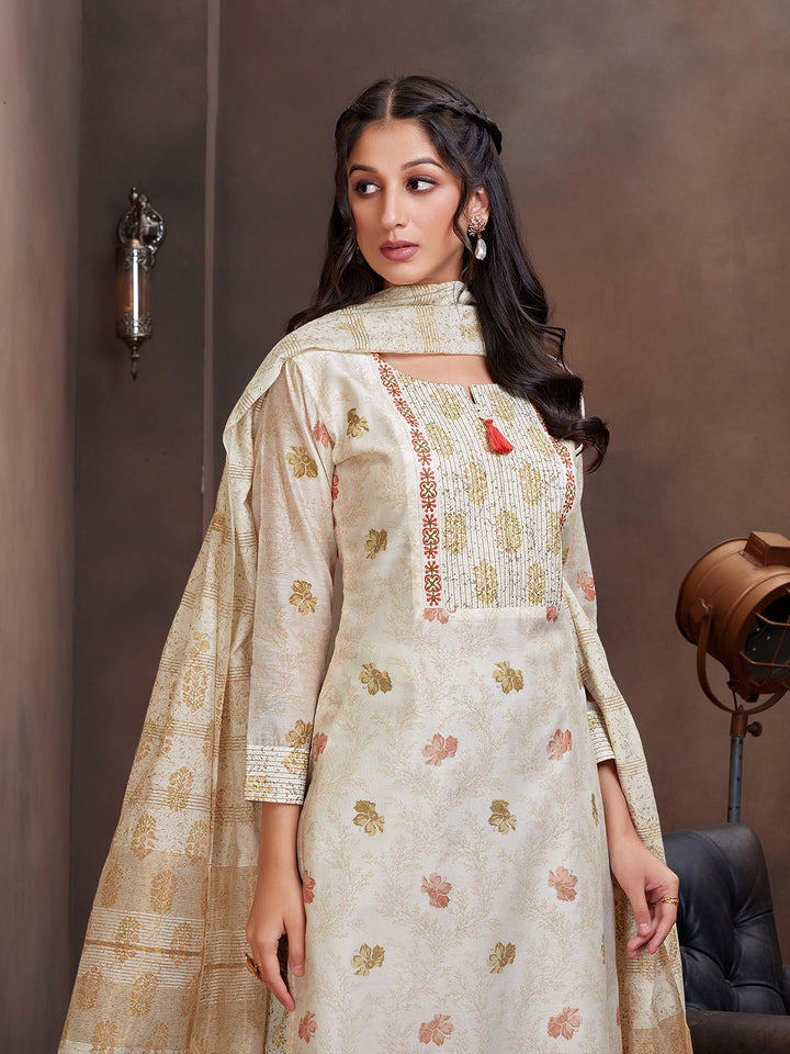 Cream Chanderi Foil Print Suit Set