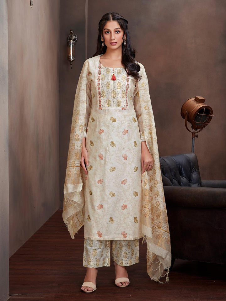 Cream Chanderi Foil Print Suit Set