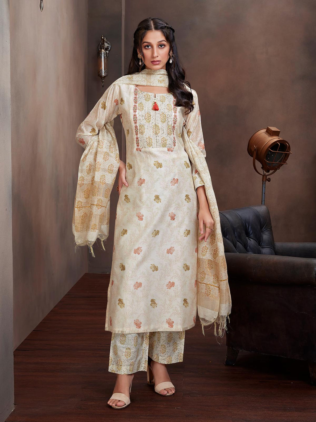 Cream Chanderi Foil Print Suit Set