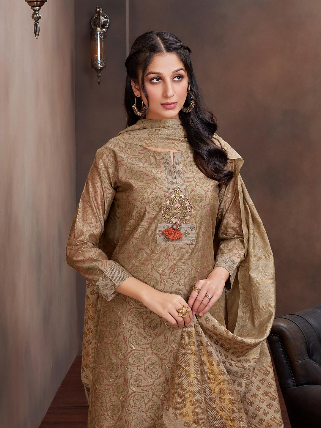 Khaki Green Chanderi Foil Print Suit Set