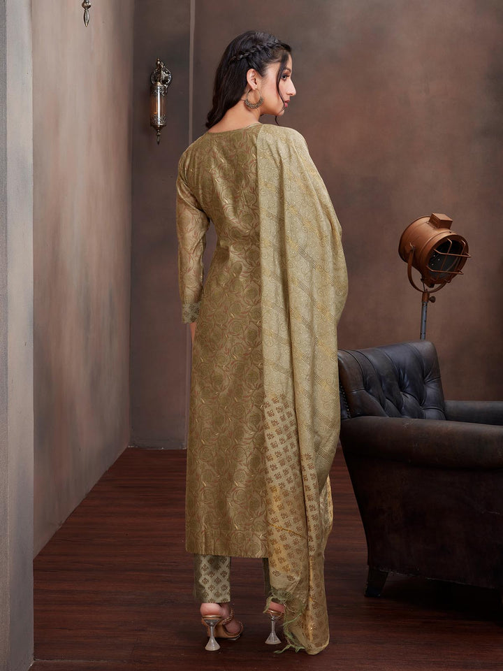 Khaki Green Chanderi Foil Print Suit Set