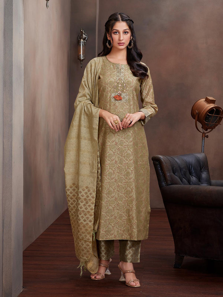 Khaki Green Chanderi Foil Print Suit Set