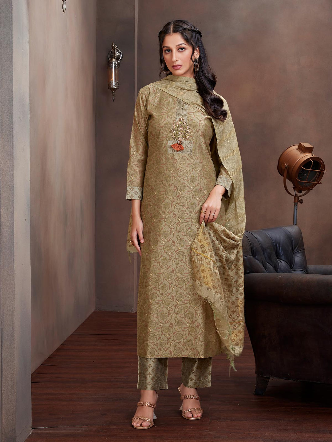 Khaki Green Chanderi Foil Print Suit Set