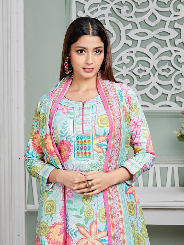 Sky Blue Floral Print Linen Suit Set