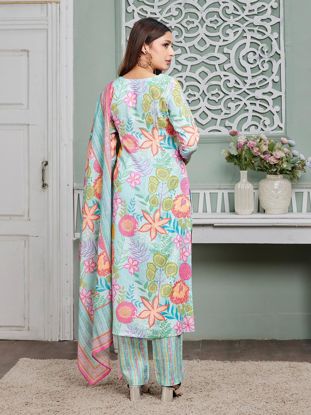 Sky Blue Floral Print Linen Suit Set