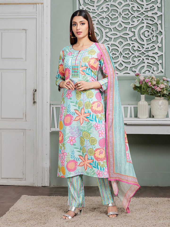 Sky Blue Floral Print Linen Suit Set