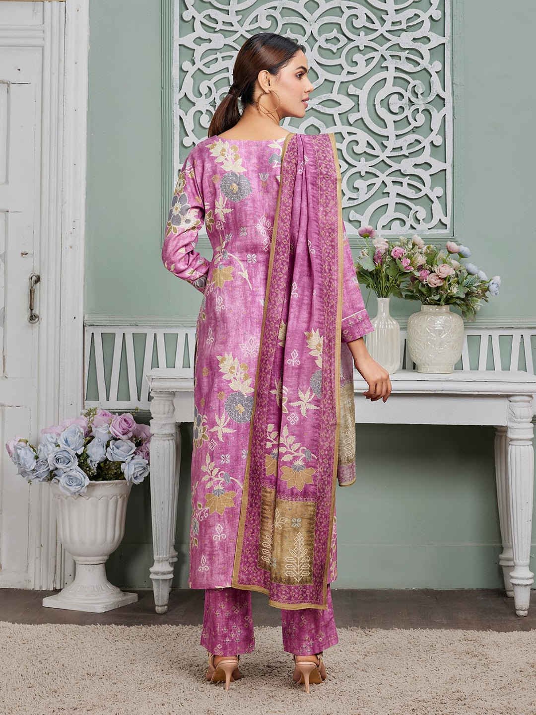 Purple Floral Linen Suit Set