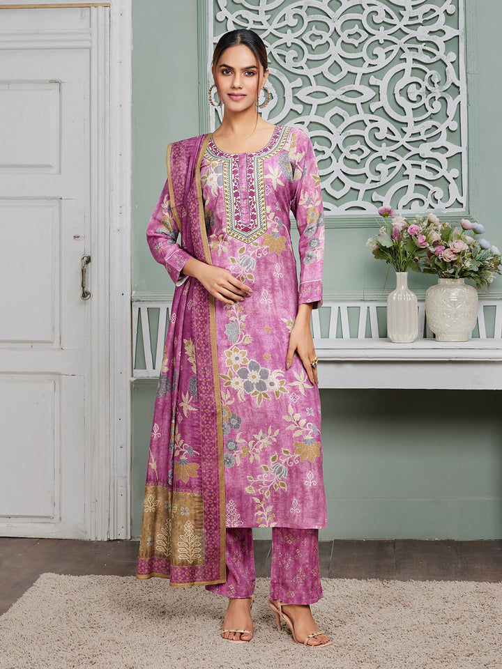 Purple Floral Linen Suit Set