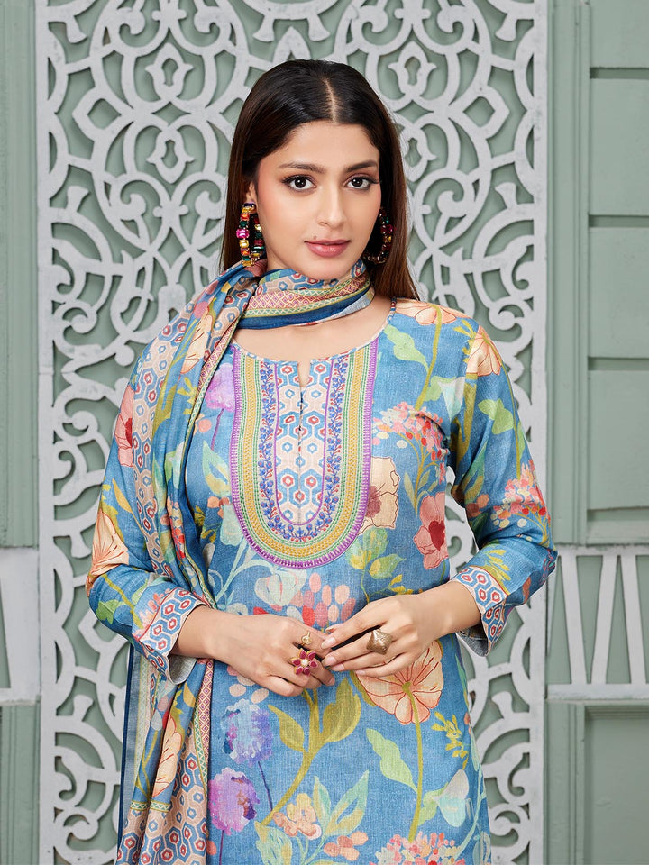 Blue Floral Print Linen Suit Set