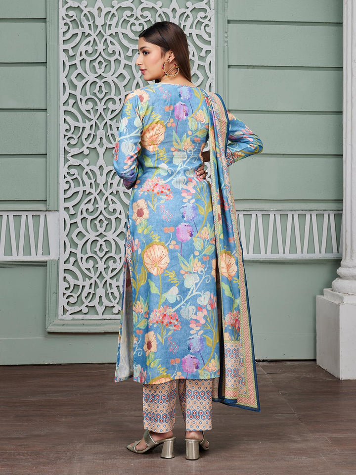 Blue Floral Print Linen Suit Set