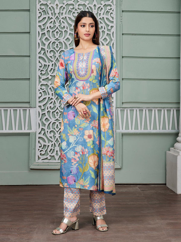 Blue Floral Print Linen Suit Set