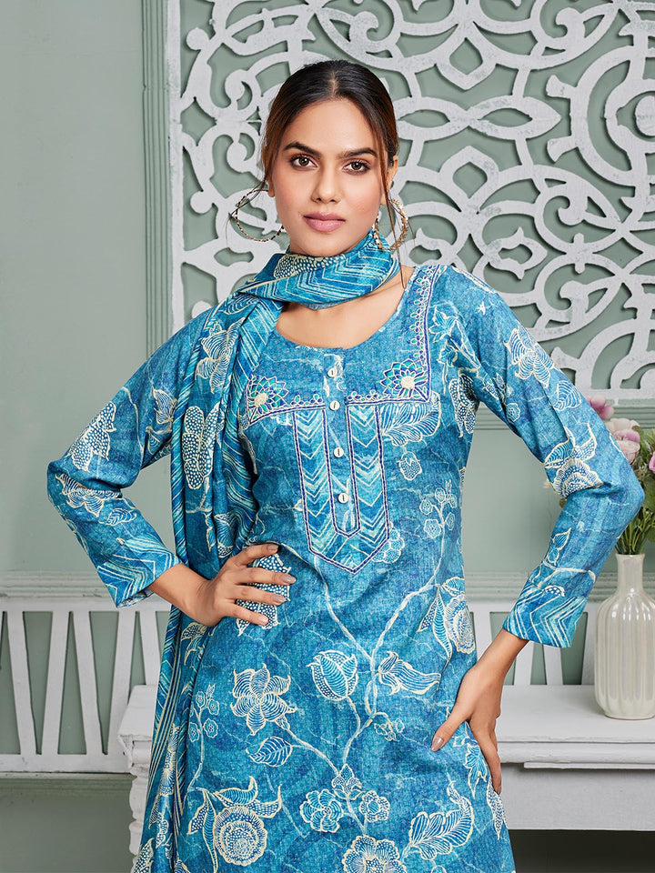 Blue Floral Linen Suit Set