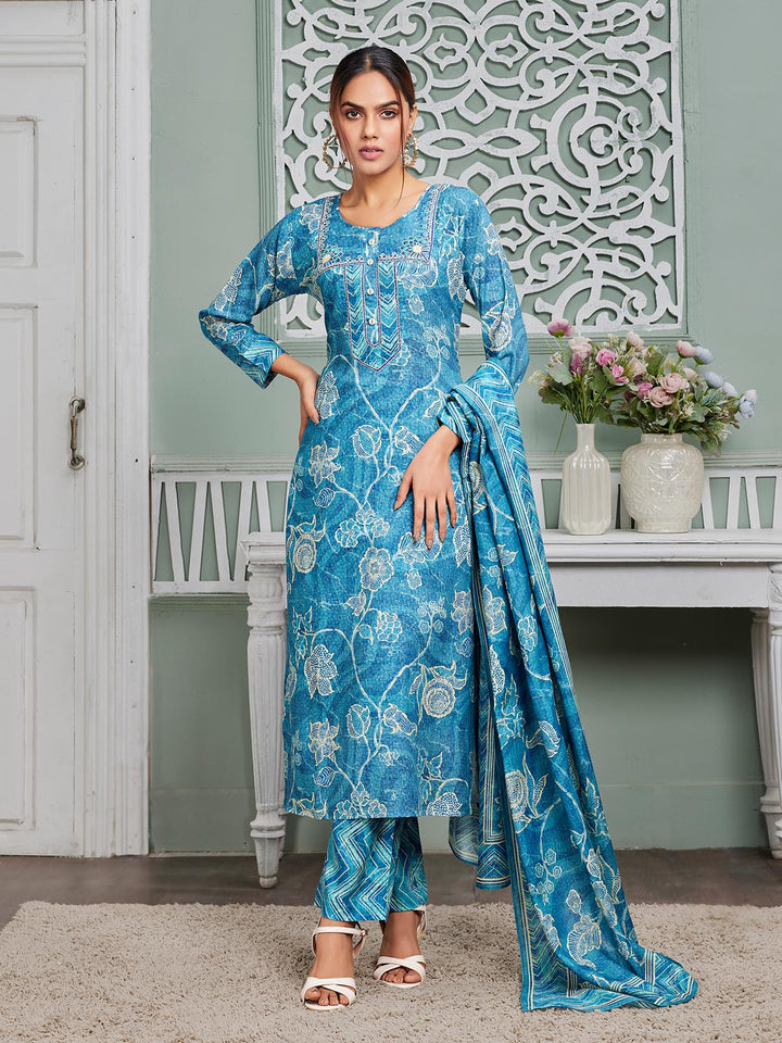 Blue Floral Linen Suit Set