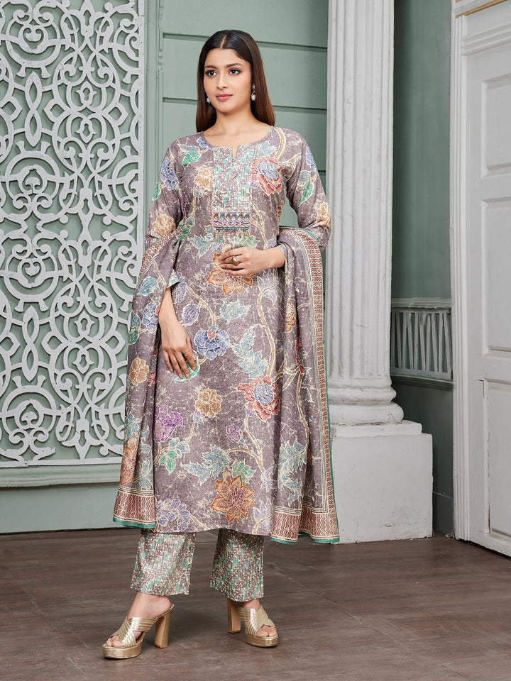 Grey Floral Linen Suit Set