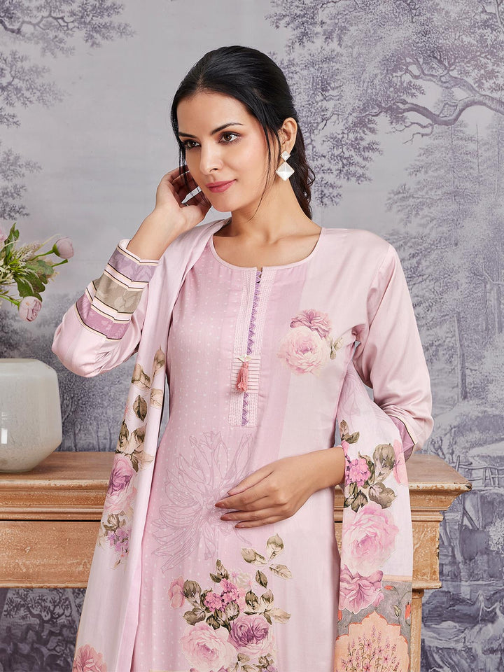 Powder Pink Floral Cotton  Suit Set