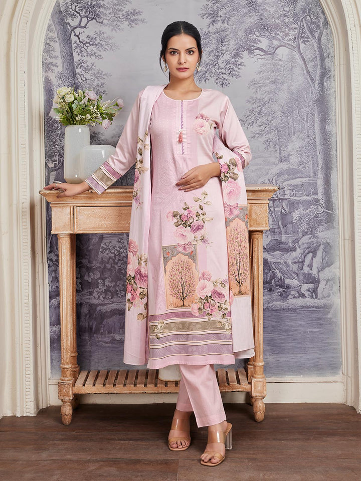 Powder Pink Floral Cotton  Suit Set