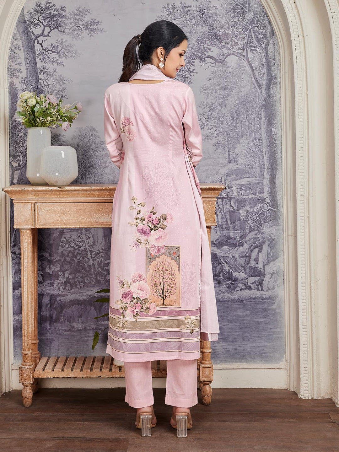 Powder Pink Floral Cotton  Suit Set