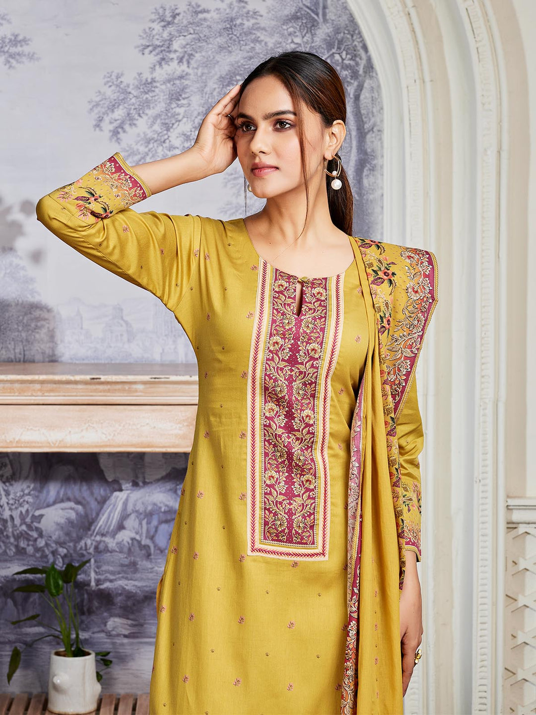 Saffron Yellow Floral Cotton Suit Set