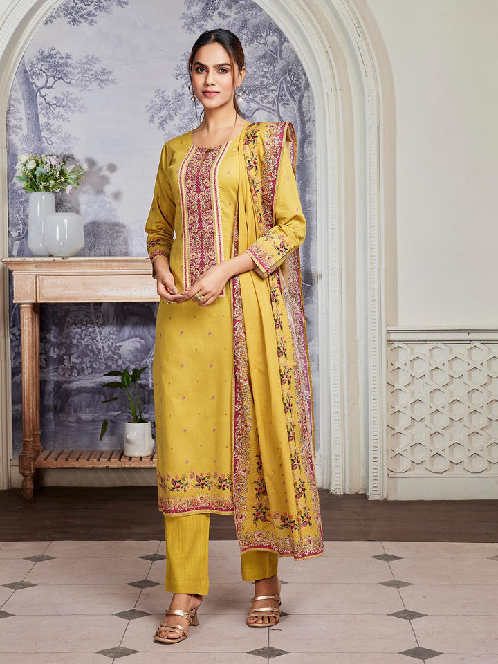 Saffron Yellow Floral Cotton Suit Set