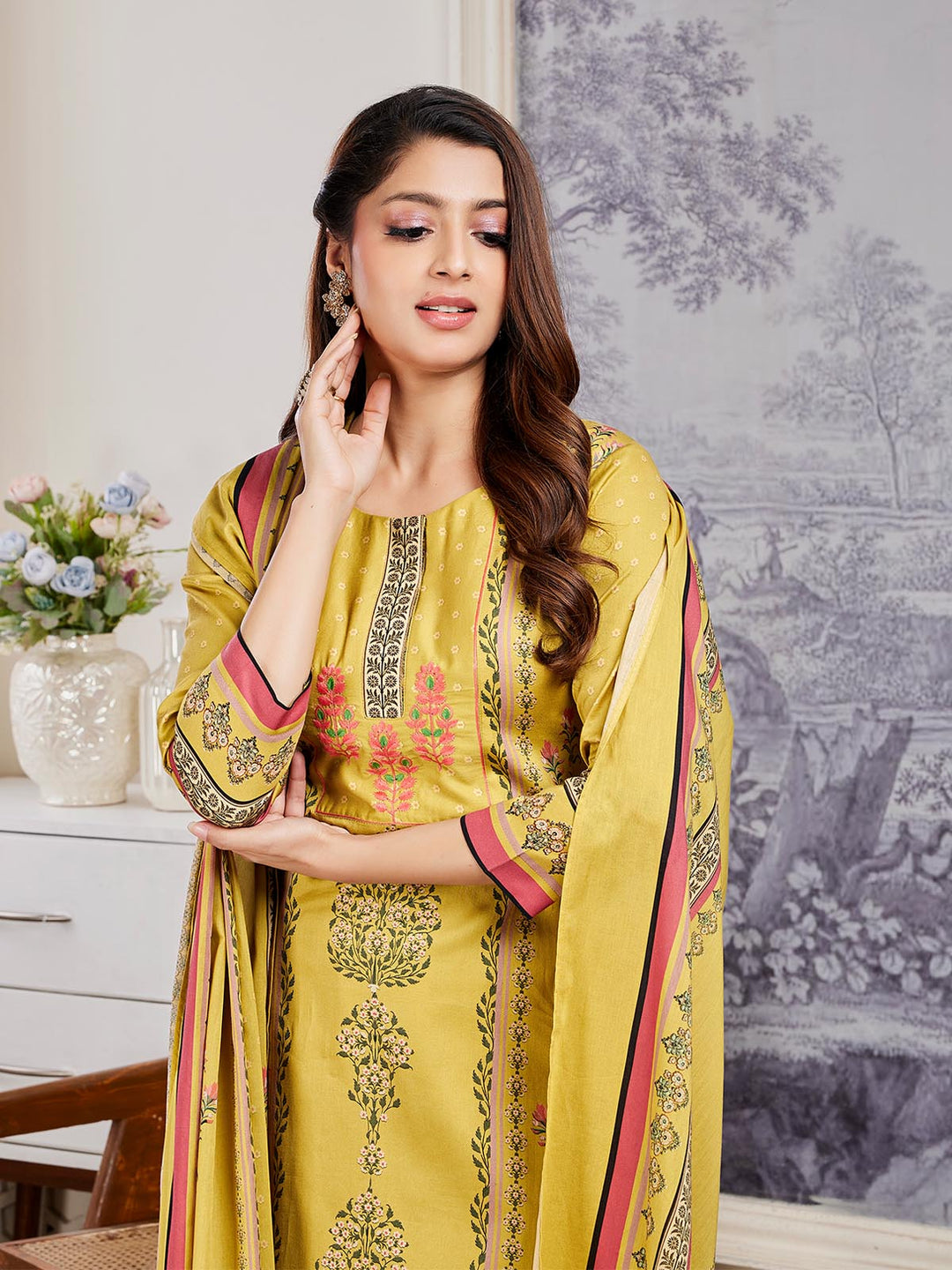 Yellow Floral Cotton Suit Set