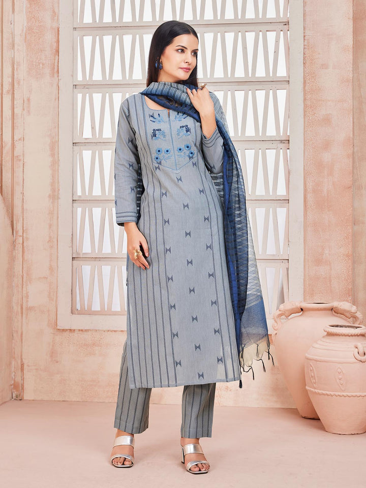 Grey Woven Cotton Suit Set