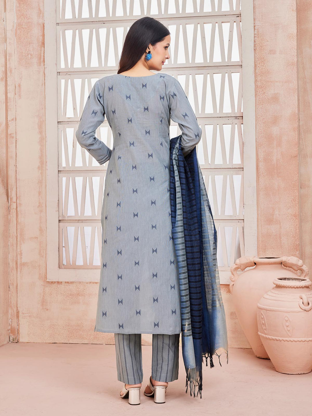 Grey Woven Cotton Suit Set