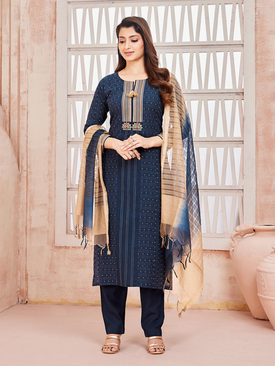 Deep Blue Woven Cotton Suit Set