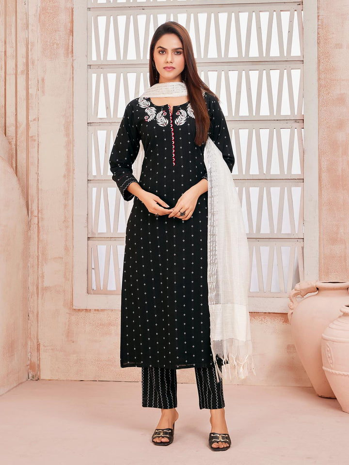 Black Woven Cotton Suit Set