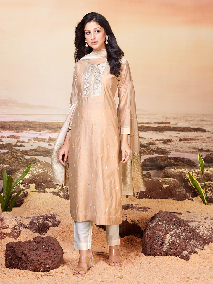 Beige Chanderi Suit Set