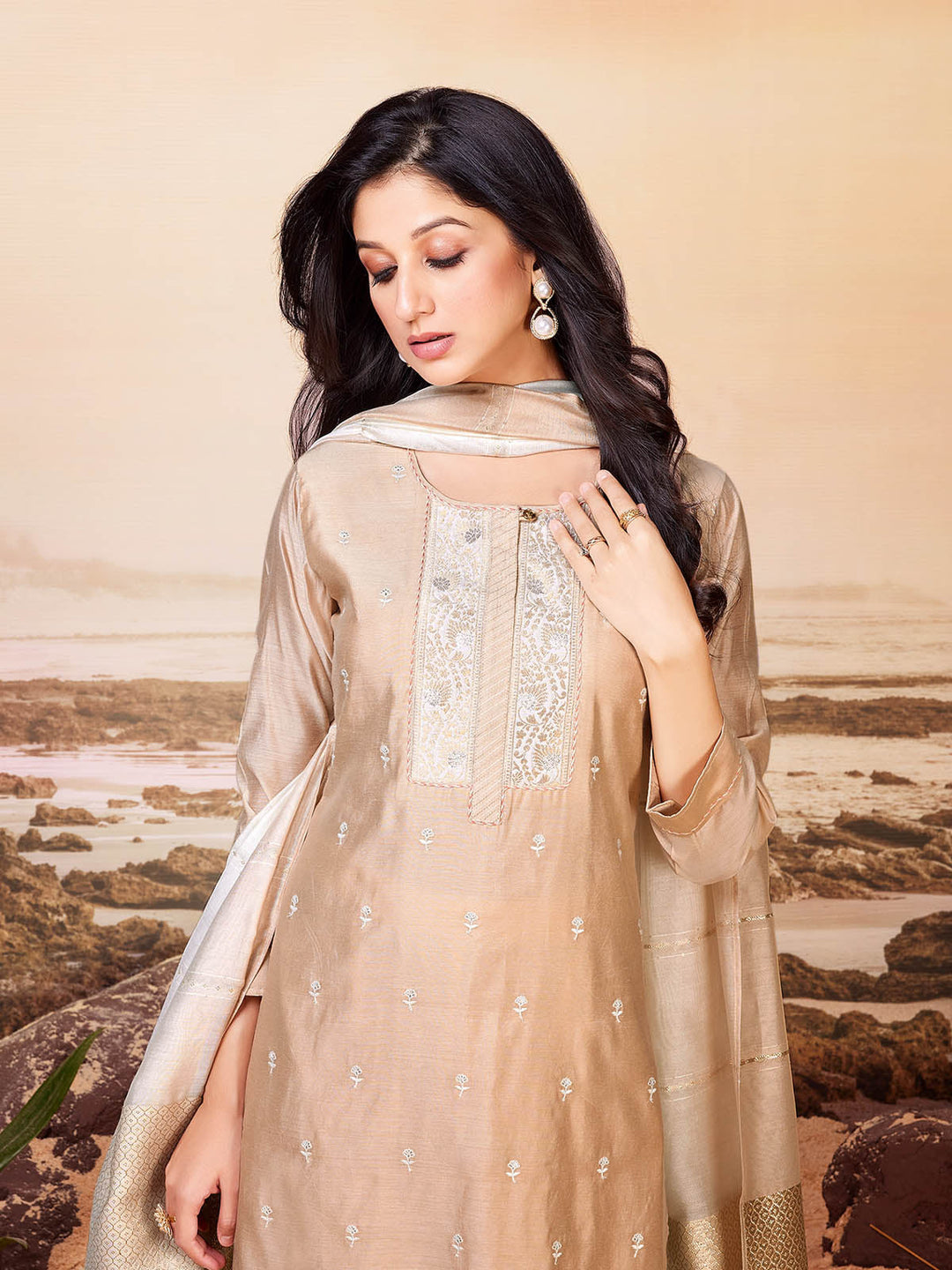 Beige Chanderi Suit Set