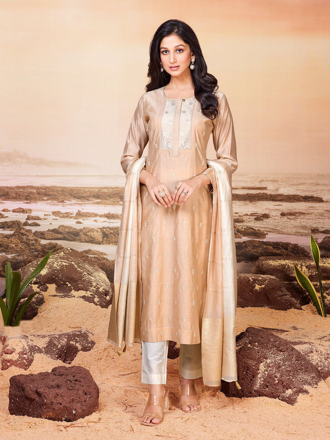 Beige Chanderi Suit Set