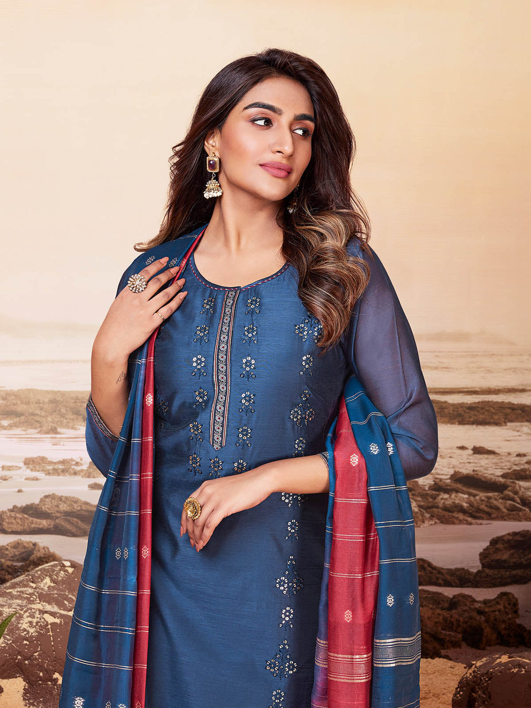 Classic Blue Chanderi Suit Set