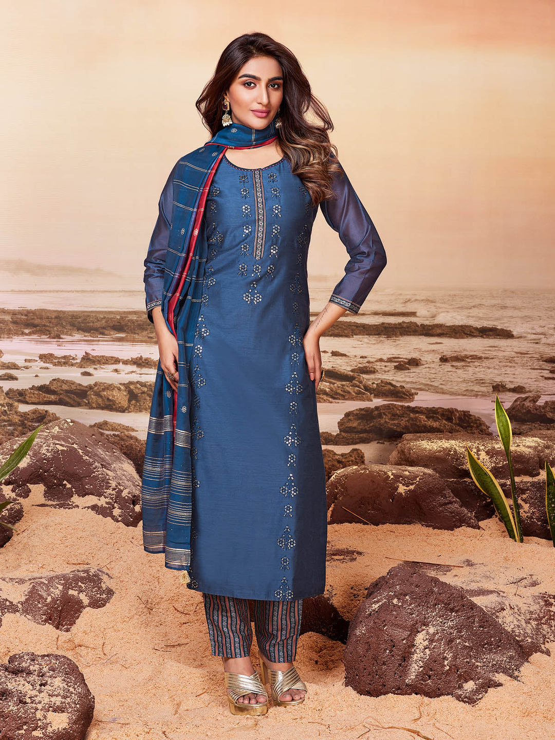 Classic Blue Chanderi Suit Set