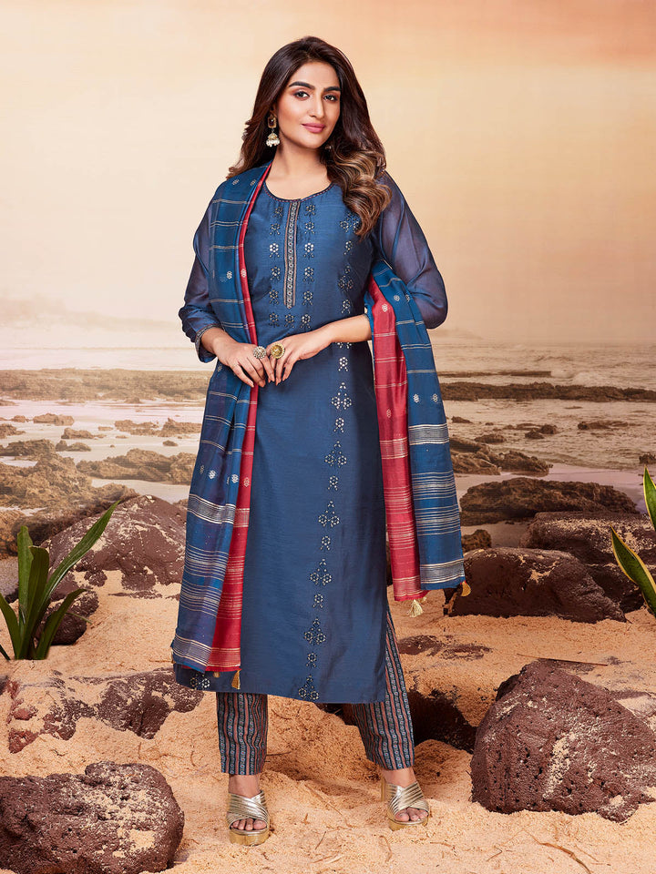 Classic Blue Chanderi Suit Set