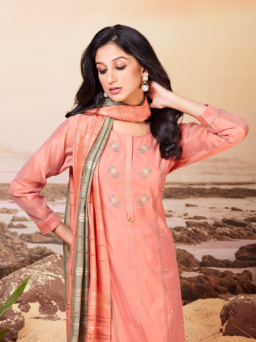 Peach Chanderi Suit Set