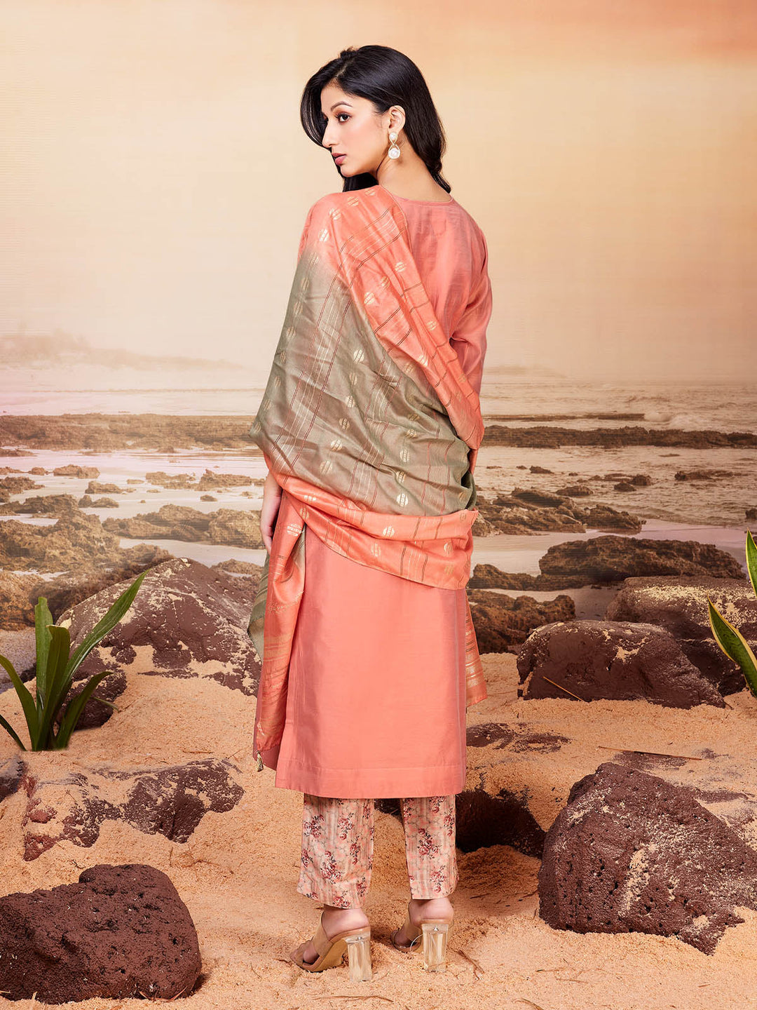 Peach Chanderi Suit Set