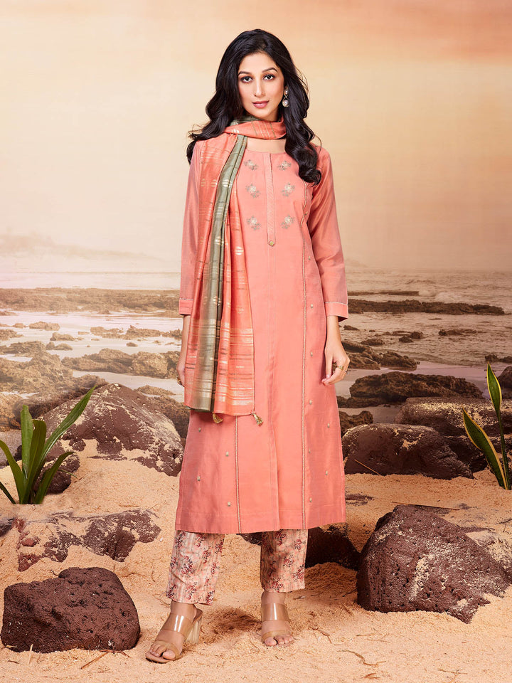 Peach Chanderi Suit Set